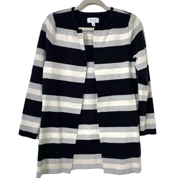 ELLE Striped Oversized Cardigan Sweater Black Gray White Size Small - Picture 1 of 8